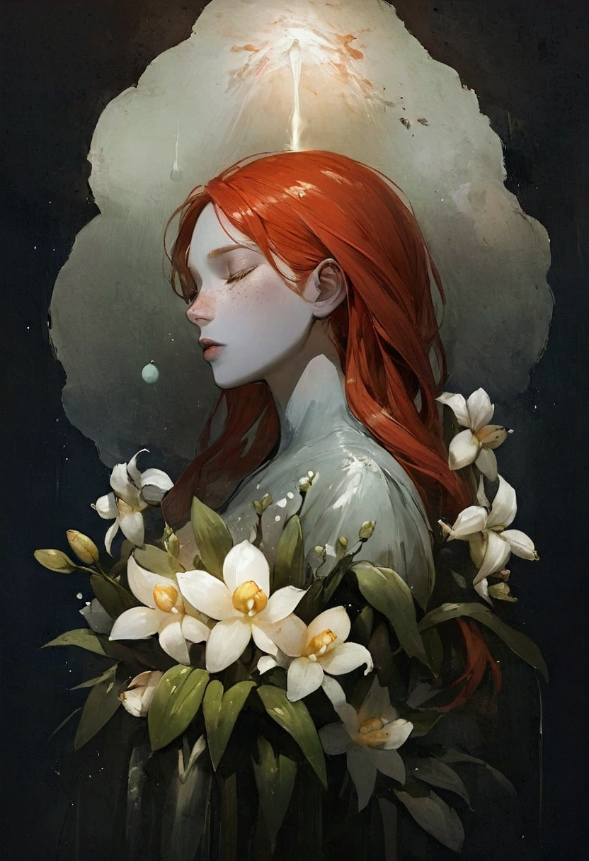 A serene and surreal scene, Portrait of a beautiful red-haired Scandinavian woman with freckles, In addition to very full lips'The face in profile emerging from a bouquet of orchid flowers, gray skin, close your eyes, sleep, vapor, Dreamy atmosphere and metallic colored spheres and insects floating gently.