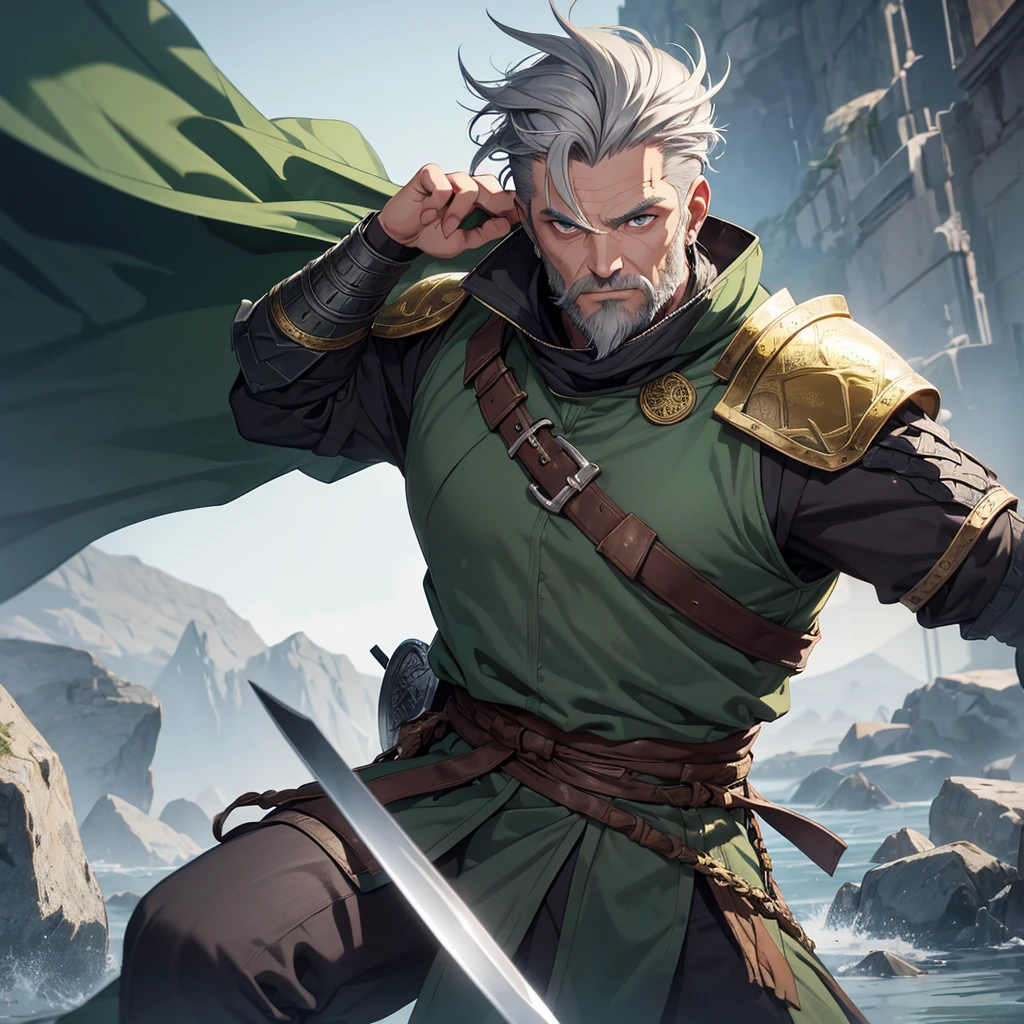 Middle aged man. eyeballs. greens. half gray hair the viking hairstyle style. Uses short swords. Gray clothes with gold Viking style details and armor