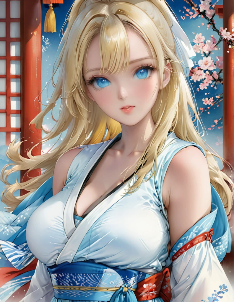 (masterpiece), high-definition Hanfu women, European and American face, perfect face, long blonde hair, blue eyes, very charming.