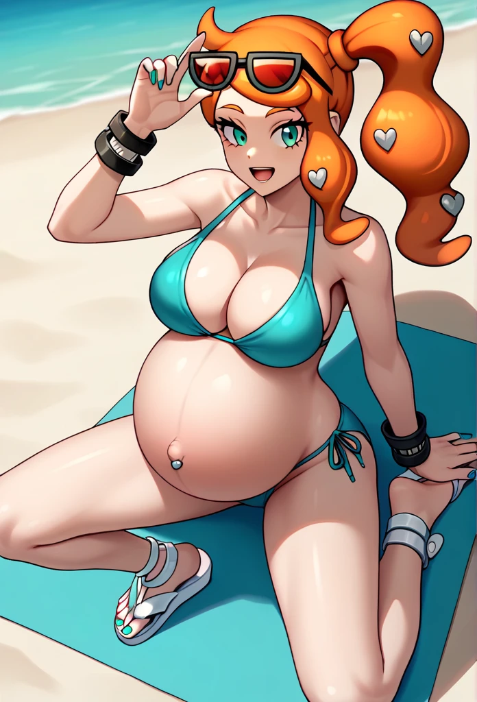 score_9, score_7_up BREAK solo,EPpkSonia,orange hair, side ponytail, aqua eyes, long hair, eyewear on head, sunglasses, heart hair ornament, aqua bikini, pregnant , big belly, Belly button piercing, cleavage, bracelet, collarbone, blue panties, nail polish, aqua nails, aqua toenails, Background beach, Posing, happy, White sandals, Big breasts