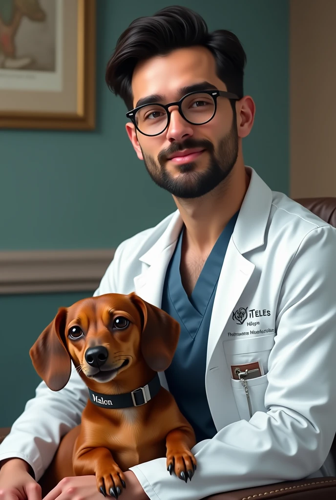 A 28-year-old white male doctor, Round face. Cabelo blackw e barba preta. round nose. Make sure to include round prescription glasses.dressed in a doctor&#39;s coat, embroidered your name Teles. 
On your lap your Dachshund dog, blackw, which is a breed with an elongated body and short legs. Include a name collar "Mailon".