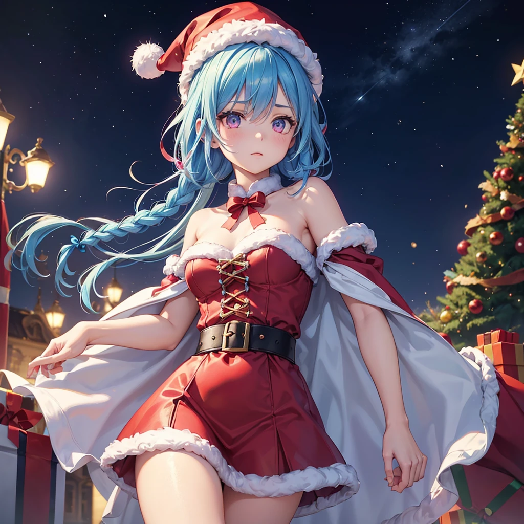 (Sky blue hair),(Braided Hair), (Pink Eyes),Fair skin) ,(whole body),(One Girl),(Gift boxes filling the background),(Santa Claus clothes),Santa Claus hat,(Christmas Party),(masterpiece, Highest quality, Very detailed, Best Shadow), (Detailed Background), (Beautifully detailed face), High Contrast, (Best lighting, Very delicate and beautiful), ((Cinematic Light)), Hyper Detail,8k, Dramatic Light, Intricate details,night,The background is a Western-style castle