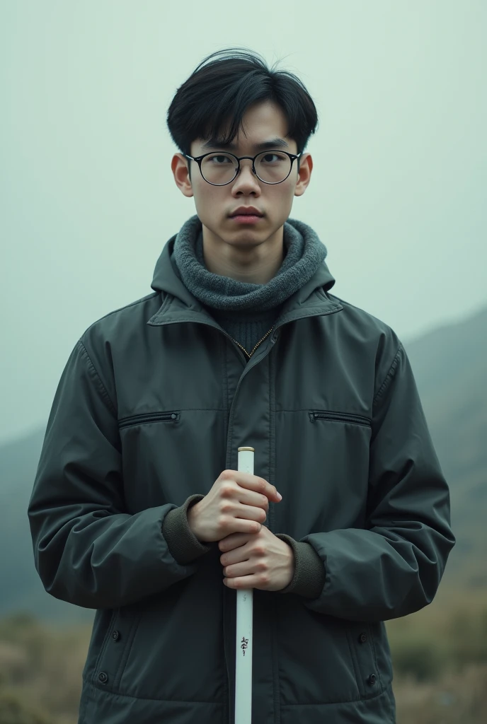 Create a book cover with an image of a young blind man with glasses and a cane