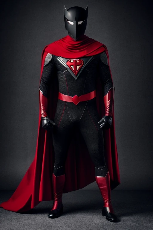 full body superheroes, mascarado, tem capa, futurist, uses black and red color