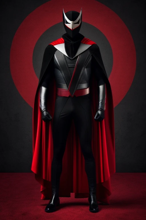 full body superheroes, mascarado, tem capa, futurist, uses black and red color