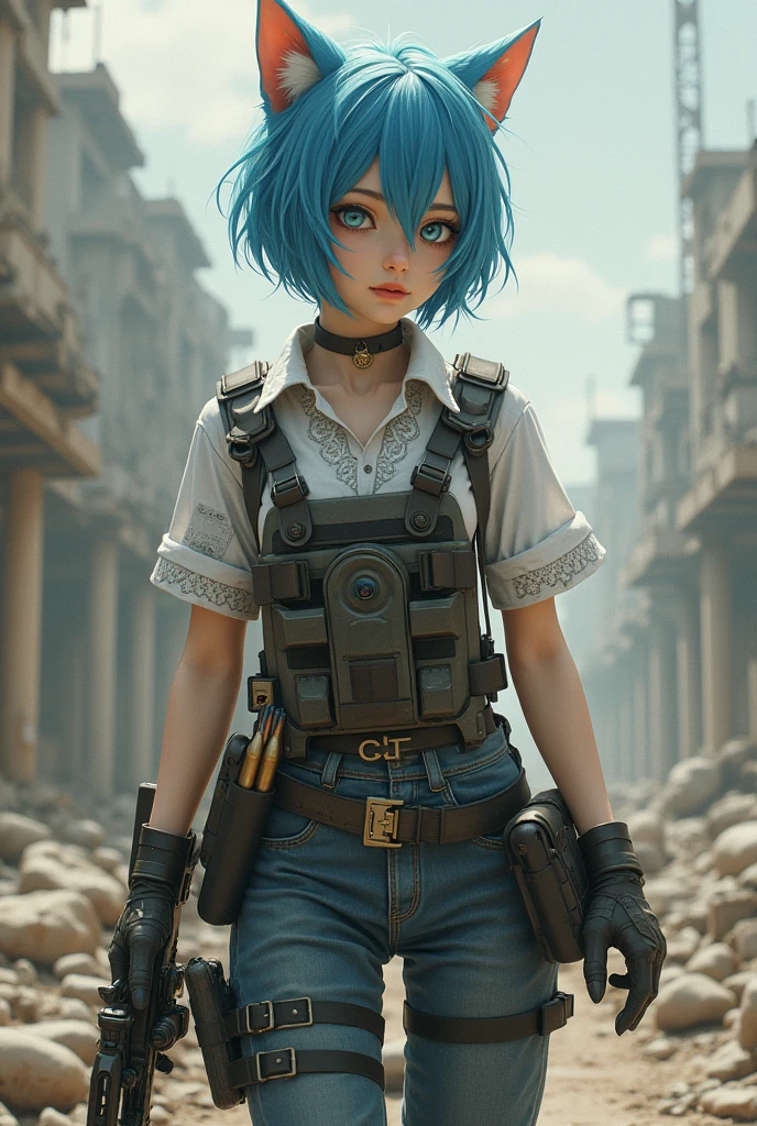 ((Best Quality)), ((masterpiece)), (detailed), (original), (realist), Short hair girl, medium light blue eyes, cat ears, soft smooth skin, small mouth, pink, glow, parts, introvert, shy, angelic, Whole body, pants with belt, pistol belt on leg, Military equipment, white shirt with details, leather boots with pointed toe, bulletproof vest, survivor, dystopian ruins background, textura refinada glow, clothing weapon rifle sniper rifle, high caliber bullets, mixed clothing, blue locks of hair, combat potion, massive combat defense, evasion,