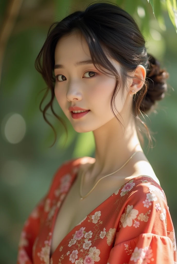 An elegantly dressed Japanese woman in natural light、A close-up of her chest and calm expression.、It shows her inner peace and outer charm.。