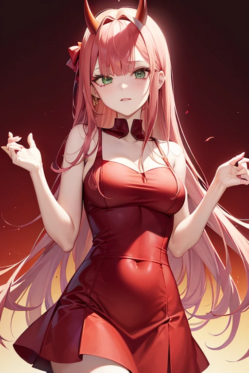 Zero two, red dress , green eyes, red eyeliner, red smal horns, pelo rosa