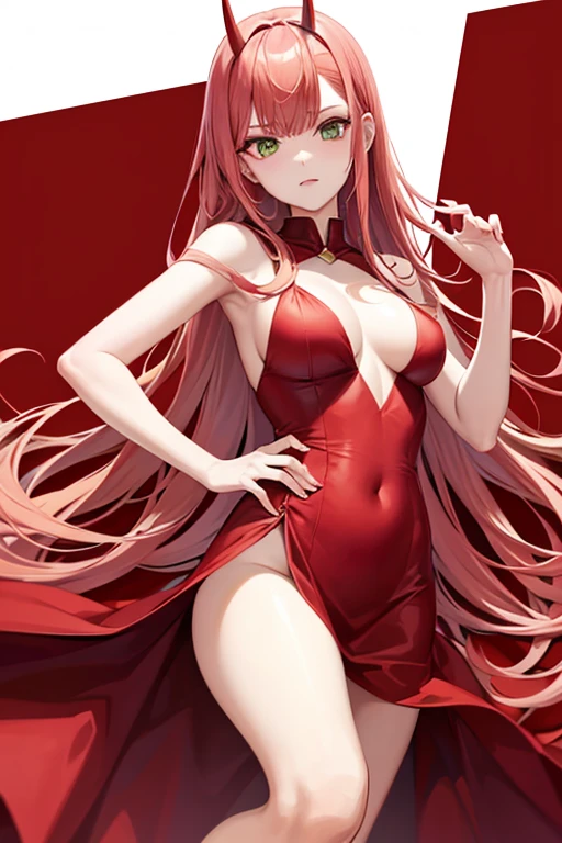 Zero two, red dress , green eyes, red eyeliner, red smal horns, pelo rosa 