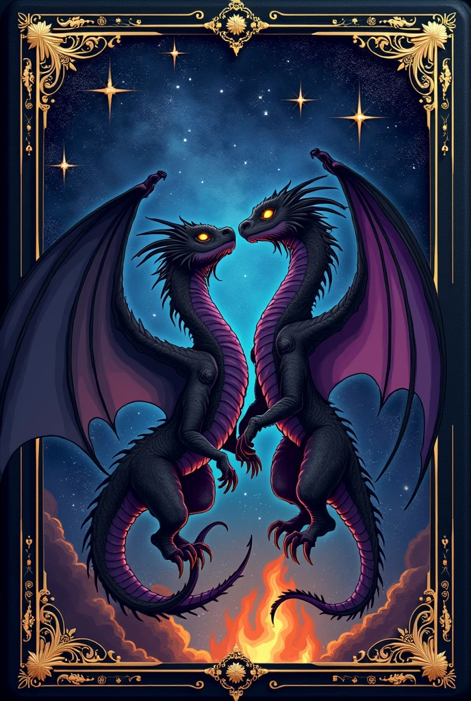 a cover for a diary in the style of Rebecca Yarros' Bloodwings book containing two dragons, a black dragon and a black dragon with violet touches on the scales, grey rays in the air, flames at the feet and a starry sky with very golden touches on the stars and the frame