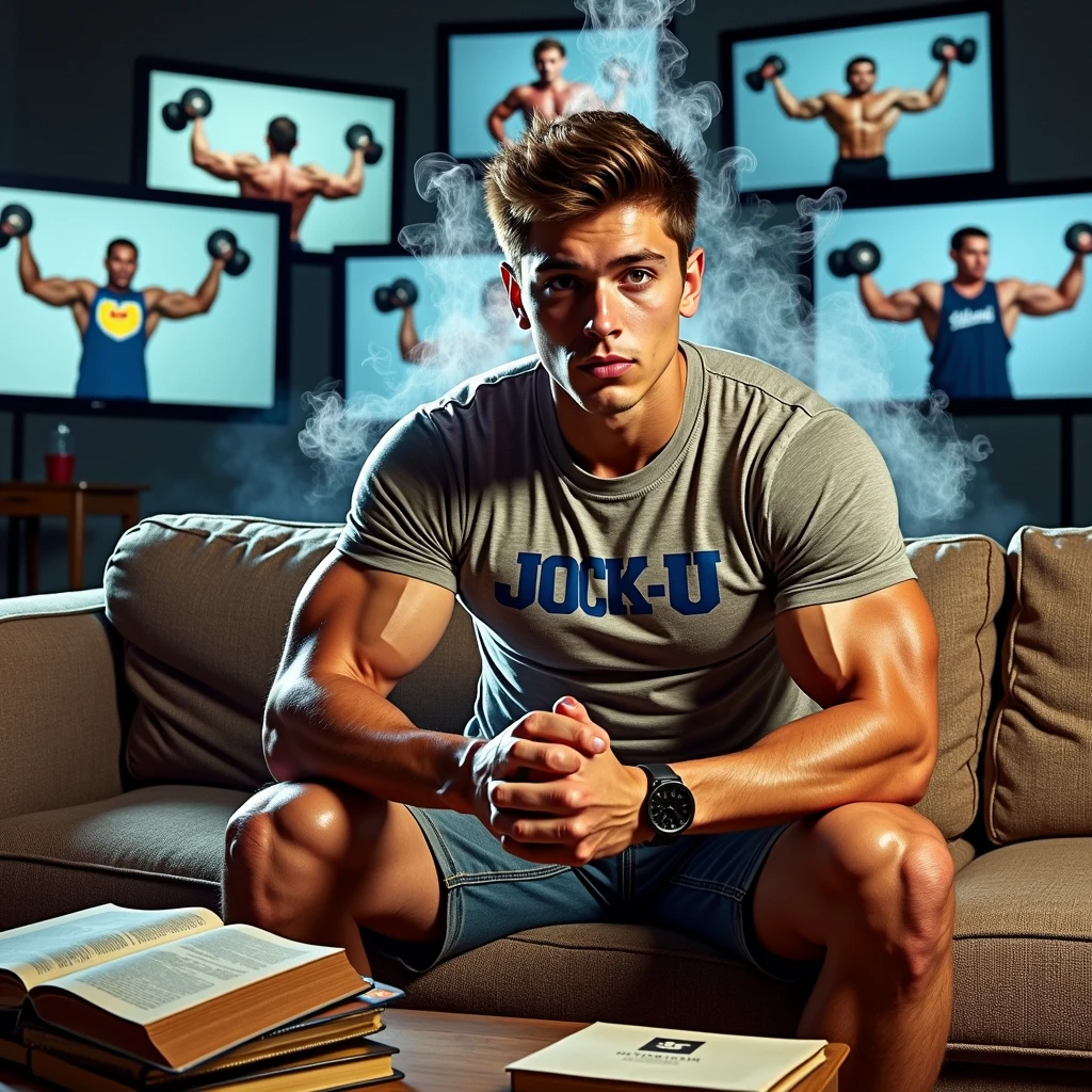 A perspiring male college student sits on a couch alone in a room whose walls are all projection screens showing bodybuilders lifting weights, throwing away books, and staring blankly ahead. The student is wearing a tight shirt that says JOCK-U as he stares blankly in hypnotic stupor with mouth hanging open and slips into a dumb jock persona, flexing both biceps as he grows more masculine. Big biceps. Big triceps. Big traps. Broad shoulders. Broad chest. Thin vapor coming from armpits and around his head. "Bigger. Dumber. Lift. Flex. Swell. Grow. Dumb jock must stay and be a jock bro...."