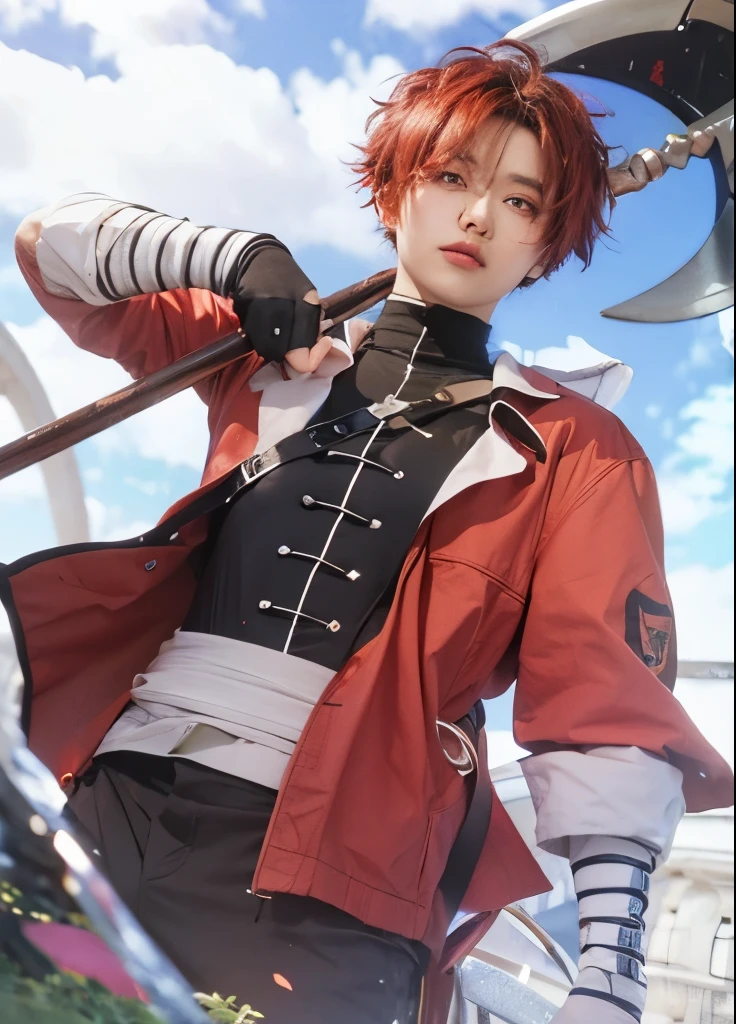 Stark, caracter of frieren anime, red eyes, black gradian red hair, black shirt, red jacket, holding axe, outdoor background, ultra realistic, ultra detailed, best quality, masterpiece.