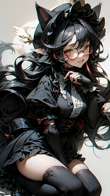 Long wavy black hair Black-rimmed glasses Cat ear first round Lock Lolita cute Gothic maid outfit Knee socks gloves hat Background white cute Double teeth Angel's wing Hearts in eyes