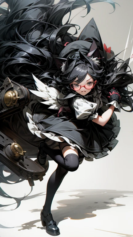 Long wavy black hair Black-rimmed glasses Cat ear first round Lock ta cute Gothic maid outfit Knee socks gloves hat Background white cute Double teeth Angel's wing Hearts in eyes