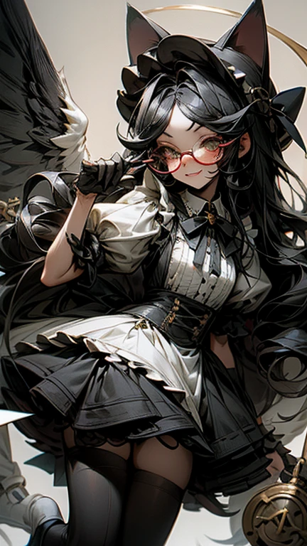 Long wavy black hair Black-rimmed glasses Cat ear first round Lock Lolita cute Gothic maid outfit Knee socks gloves hat Background white cute Double teeth Angel's wing Hearts in eyes