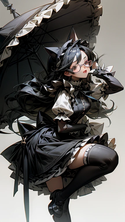 Long wavy black hair Black-rimmed glasses Cat ear first round Lock Lolita cute Gothic maid outfit Knee socks gloves hat Background white cute Double teeth Angel's wing Hearts in eyes