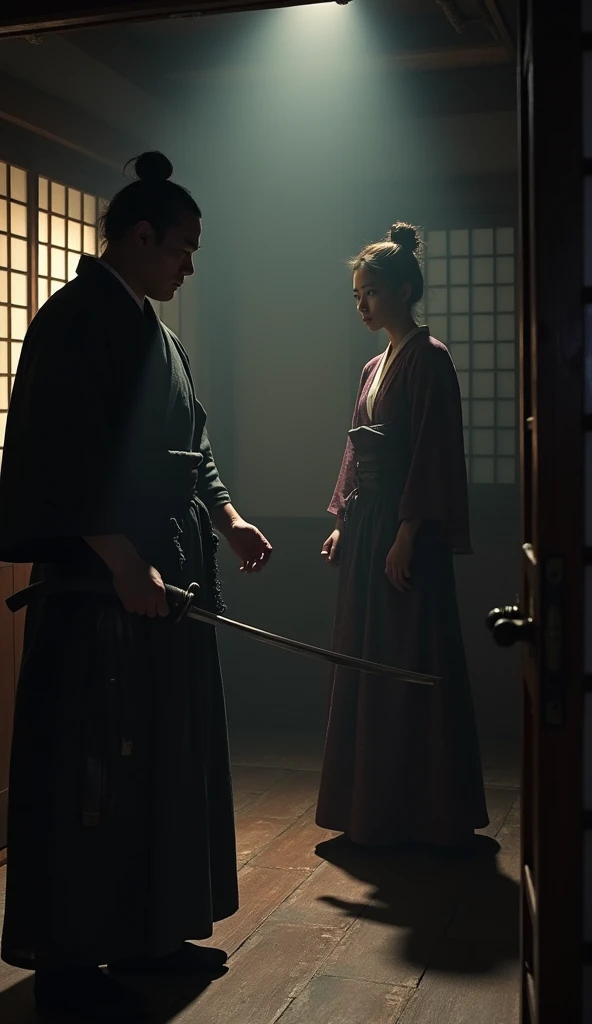 A dimly lit Edo-period room with tension in the air, showing a serious samurai holding a katana, while a woman in traditional attire appears nervous, adding an atmosphere of secrecy and suspicion