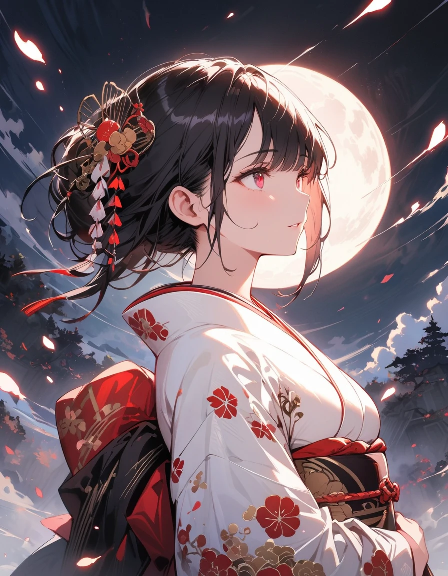 (masterpiece:1,2), Highest quality, masterpiece, High resolution, original, Highly detailed wallpaper, Perfect lighting,geisha, kimono,tattoo,(((Black and White))),Extremely detailed,alone,Cold Eyes,look up,Glowing Eyes,Byeob,moon,Black Hair,petal,sexy