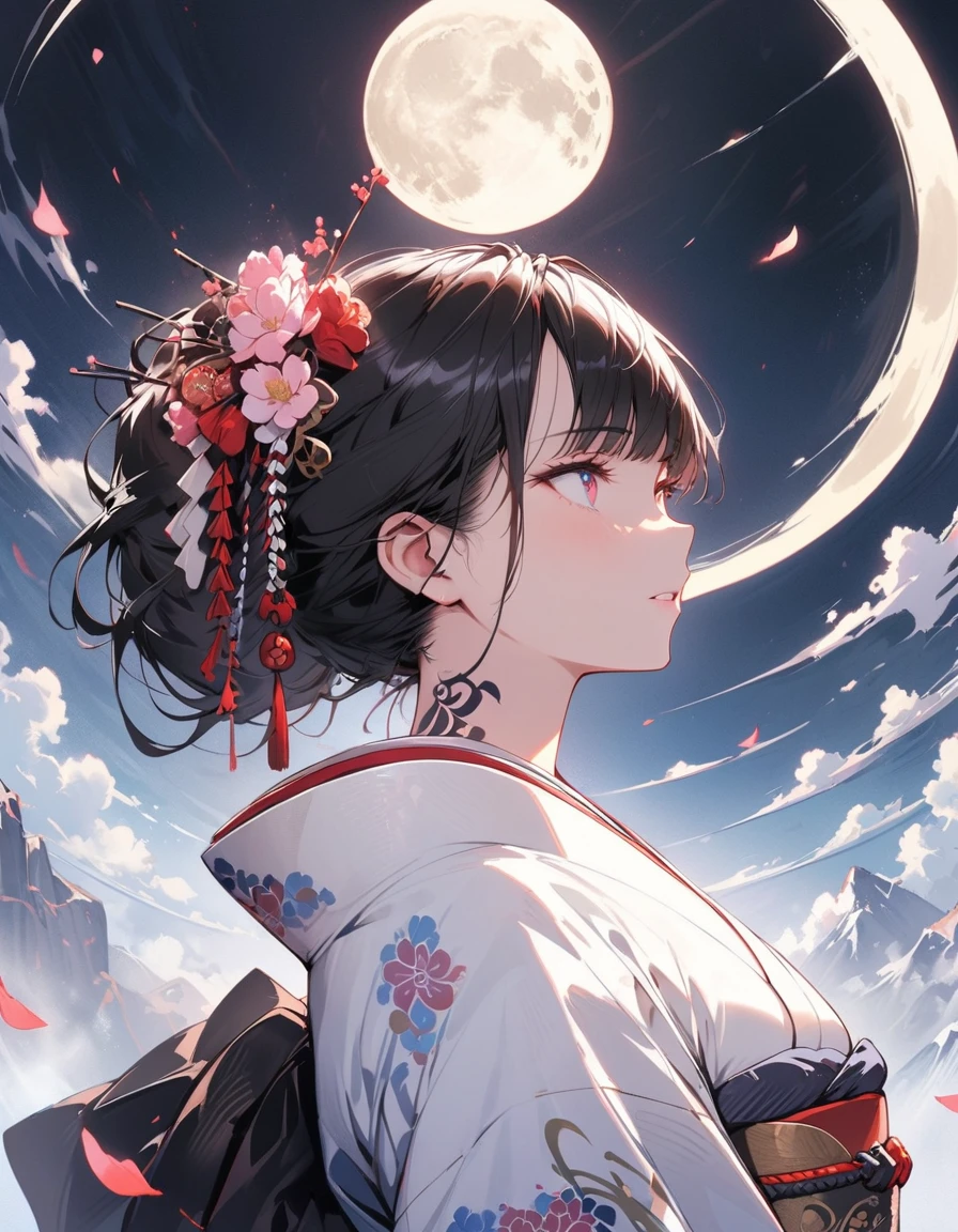 (masterpiece:1,2), Highest quality, masterpiece, High resolution, original, Highly detailed wallpaper, Perfect lighting,geisha, kimono,tattoo,(((Black and White))),Extremely detailed,alone,Cold Eyes,look up,Glowing Eyes,Byeob,moon,Black Hair,petal,sexy