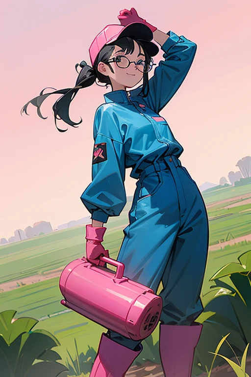 A young girl with glasses and black hair tied up, wearing a blue long-sleeved jumpsuit, a baseball cap, and large pink rubber gloves and white rubber boots, working in the fields while smiling