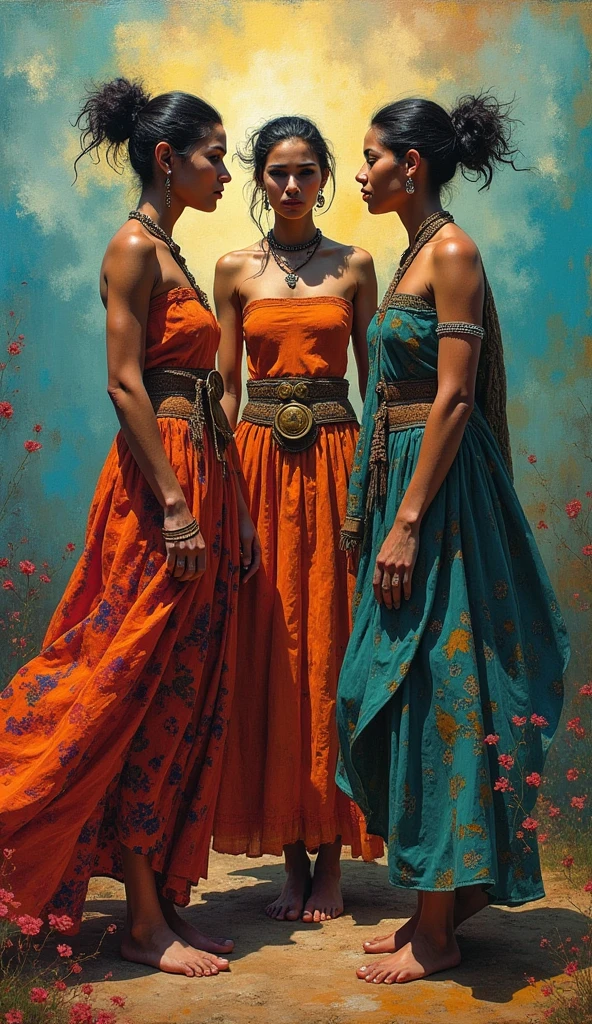 ((Paletteknife Oil painted harmonic colors)), ((Three female warriors Brunete Latina goddess gown, staring at each other)), ((Full body)), ((Hard Dynamic Poses)), (((women's , short hair or hairless))), stunning face ,((Random dress tribal clothes printed)), (((tribal artifacts))), ((tribal oil painting in body)), Hard storming and wind effects, Paul Klee style, surreal masterpiece, octane rendering, focus, colorful oil painted background, detailed, intricate details, rich colors, barefoot, brunete skin