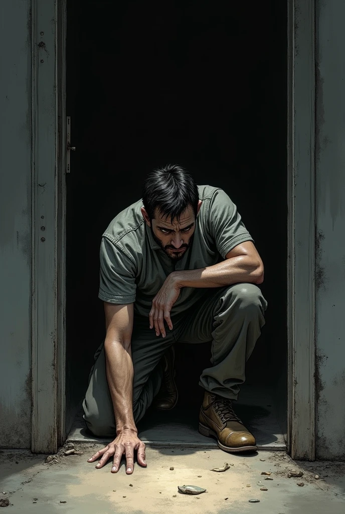 Make a drawing of a man kneeling down hiding from something