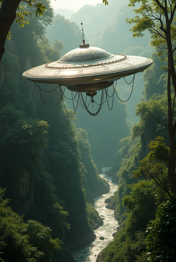 Flyng saucer
style alien spaceship flying over the Amazon River with necklaces