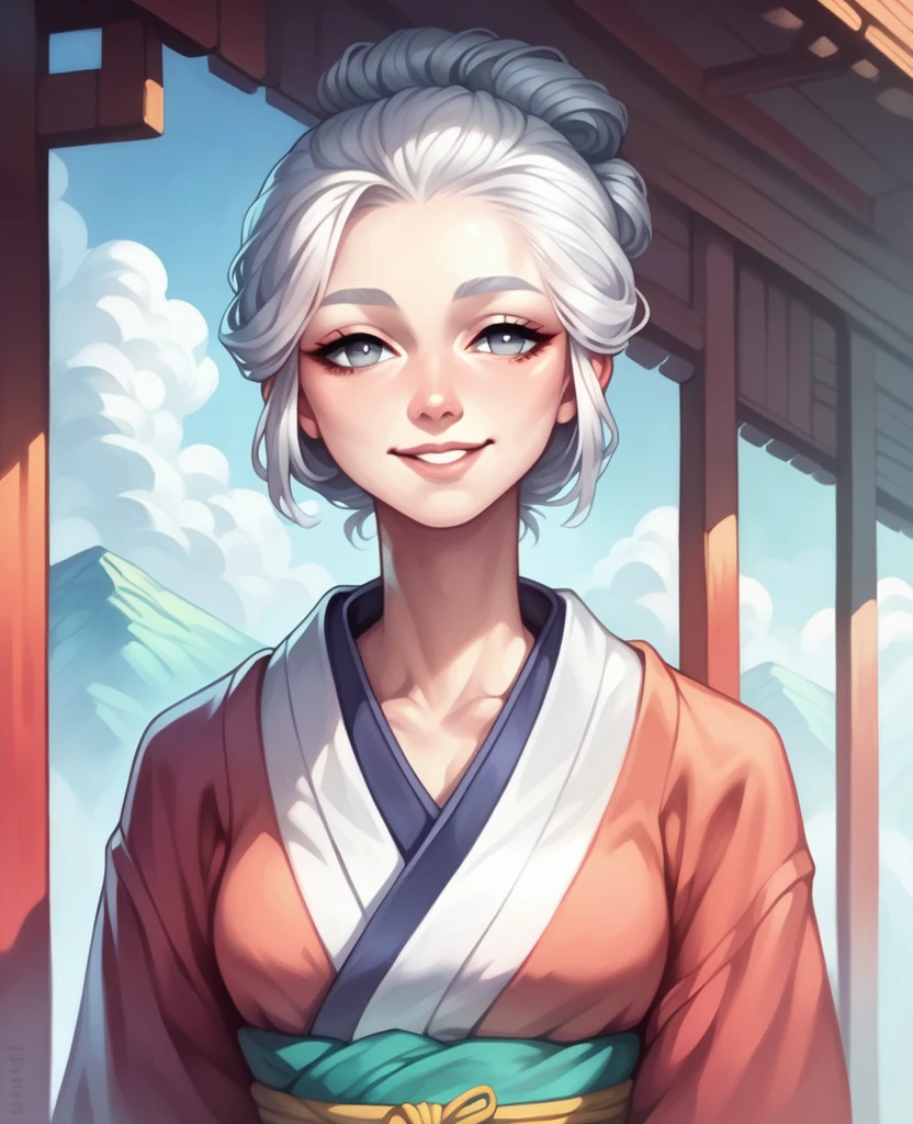 Beautiful girl, beautiful face, calm expression, humble and calm look, long silver hair, beautiful silver eyes, wearing Japanese school clothes, simple and calm smile, a little cunning