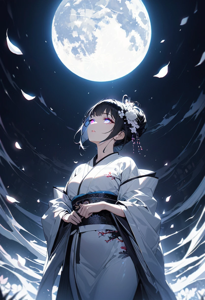 (masterpiece:1,2), Highest quality, masterpiece, High resolution, original, Highly detailed wallpaper, Perfect lighting,geisha, kimono,tattoo,(((Black and White))),Extremely detailed,alone,Cold Eyes,look up,Glowing Eyes,Byeob,moon,Black Hair,petal,sexy