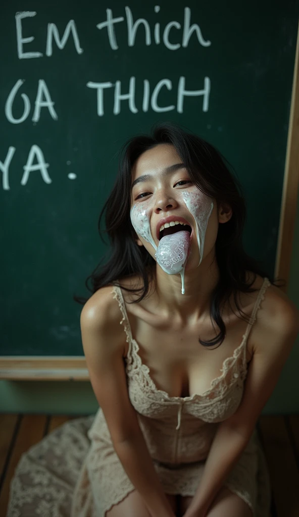 woman writing a text on the blackboard " Em thich Ya ua" , Captive hybrid blood  cute Vietnamese girl,  female in sexy detailed lace Nightdress, kneeling looking at the viewer, view from above pov, sticky white transparent liquid on her face, liquid on her cleavage, liquid running down, liquid inside her mouth, mouth open. (((Saliva with big bubbles))) on her tongue. 