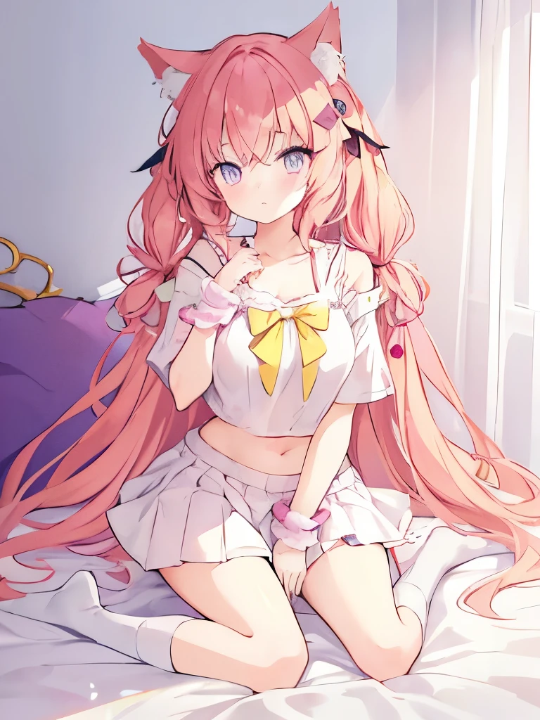 Cute anime girl, catgirl, pink haired, long hair, long fluffy hair with 2 tails at the bottom++, ribbon hairpins on both sides, strawberry hair ties, light plump skin, worried face, pink cute eyes++, round glasses, white oversized shirt, exposed belly, yellow bracelets on both wrists, thin short skirt, exposed thighs, medium sized breasts, yellow bandages on both thighs++, white oversized socks, bedroom background, laying down on a bed, NSFW, 