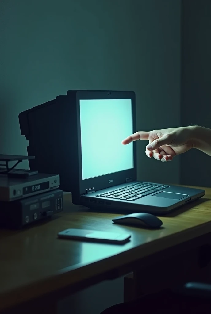 Beware the unseen threats. Even a computer screen can become a gateway for unwanted visitors.Depict a laptop on a table. Suddenly, a hand emerges from the computer screen, its fingers grasping towards a nearby phone in an attempt to steal it.