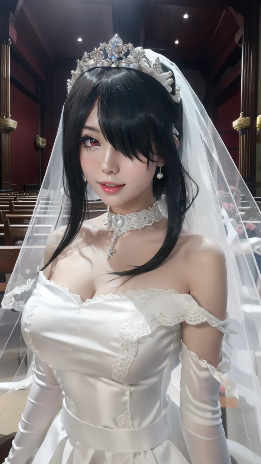 Off-the-shoulder white wedding dress, Snow White Veil, Collar, Silver Crown, 拴着铁链的Collar, earrings, Church Background, Plant Yunzhou, anime cels style, best quality, high resolution, 1 Girl, (Huge breasts:1.2), Pretty Face, Black Hair, Long hair, ((Hair covering one eye)), Close your eyes, Pursed lips, Want to kiss，Showing breasts，Red eyes，White skin，dog leash