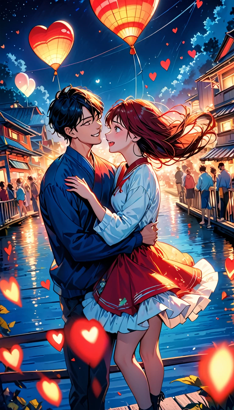 (Highest quality,Very detailed,Realistic:1.37),humor,Comic book style,Bold,Vibrant colors, Close to cool colors,Desaturate,Beautiful night view, A girl and a boy, Fun couple, Laughter, floating love,