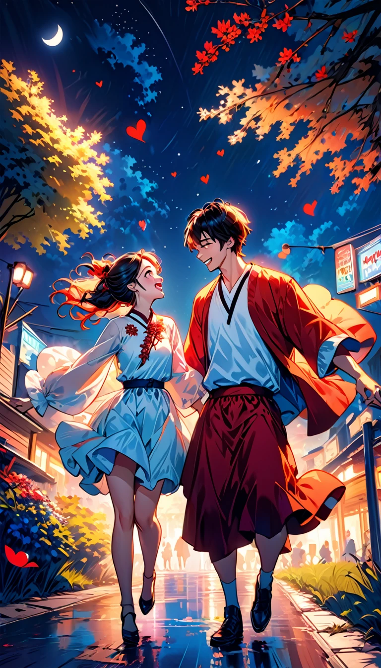 (Highest quality,Very detailed,Realistic:1.37),humor,Comic book style,Bold,Vibrant colors, Close to cool colors,Desaturate,Beautiful night view, A girl and a boy, Fun couple, Laughter, floating love,