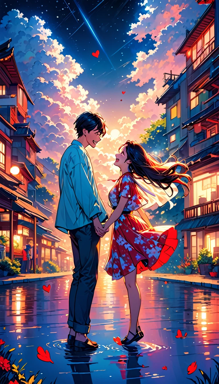 (Highest quality,Very detailed,Realistic:1.37),humor,Comic book style,Bold,Vibrant colors, Close to cool colors,Desaturate,Beautiful night view, A girl and a boy, Fun couple, Laughter, floating love,