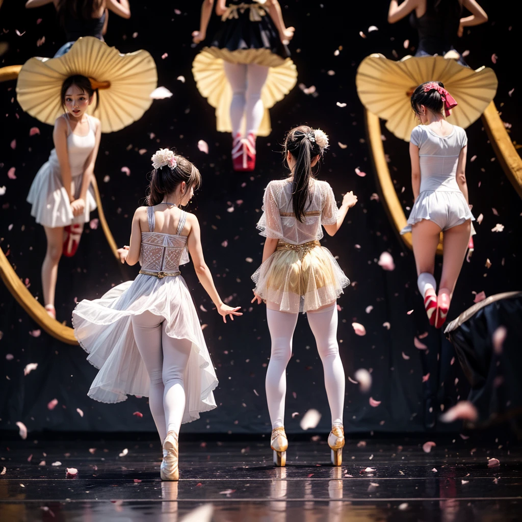 SFW, ExtremelyDetailed (((Kawaii Ballet Girls Group in a row:1.37))), Childish perfect face, Reflective Eyes, Detailed(Delicate Clothing textures), corrected hand, Dynamic Joyful Expressions LifeLike Rendering, (Specular Reflection:0.2), TopQuality 8K Ultra-detailed masterpiece (ProfessionalPhoto:1.37), (Acutance:0.8), (Luminism:1.28), ( Colorful Light particles:0.75), (Muscle:-0.5), facing away (from side ) (Clearly visible Beautiful hip shape)