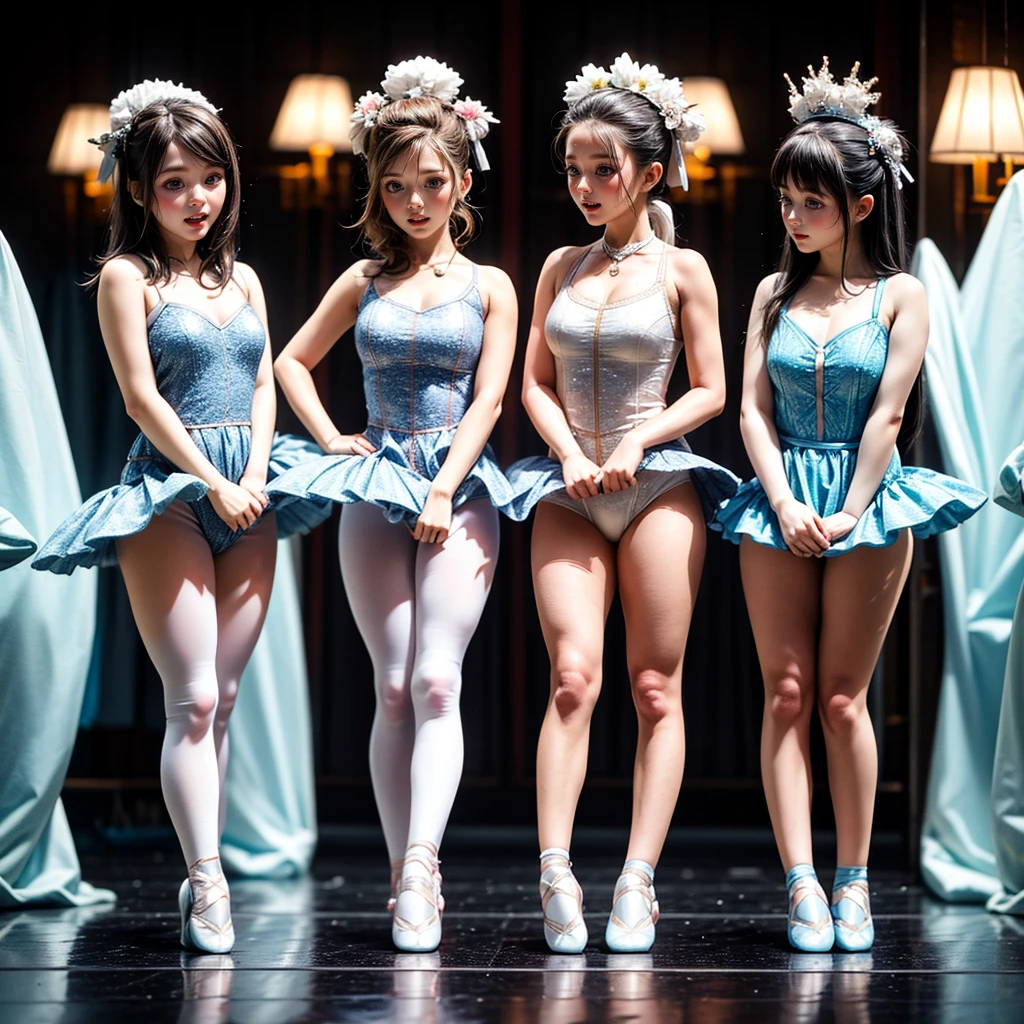 SFW, ExtremelyDetailed (((Kawaii Ballet Girls Group in a row:1.37))), Childish perfect face, Reflective Eyes, Detailed(Delicate Clothing textures), corrected hand, Dynamic Joyful Expressions LifeLike Rendering, (Specular Reflection:0.2), TopQuality 8K Ultra-detailed masterpiece (ProfessionalPhoto:1.37), (Acutance:0.8), (Luminism:1.28), ( Colorful Light particles:0.75), (Muscle:-0.5), facing away (from side ) (Clearly visible Beautiful hip shape)