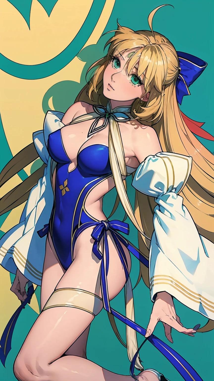 very long hair, blonde hair, ahoge, green eyes, forehead mark, blue bow, hair bow, detached sleeves, cleavage, one-piece swimsuit, high heels