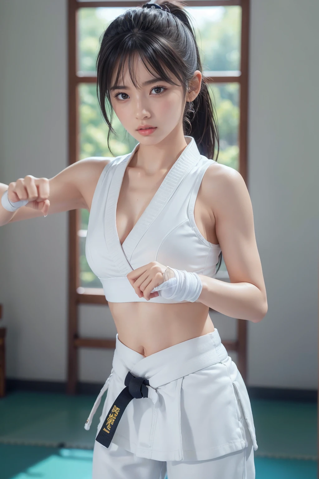 (I can see a sporty bra)、(((Karate clothes)))、Female karateka with bangs and ponytail、Visible navel and lower chest、shiny skin、((shy face))、((Turn your face away))、((look sideways))、((face is flushed))、(Watery eye)、cry、(((Karate Dojo)))、((delicate pictures))，(Masterpiece detailed RAW photos:1.25), (highest quality:1.6), (Super high resolution:1.5), (realistic:1.75), 8K resolution, Canon EOS R5, 50mm, absurd, super detailed,cinematic lighting、((Sporty panties are visible))、(((The pants are taken off)))、