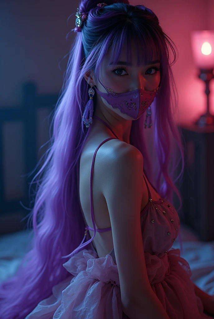 best quality, masterpiece, highres, 1girl, Yun Xi, multicolored dress, hair accessories, purple eyes, long hair, purple hair, earrings, mouth mask, face mask, nsfw, (nude), (nipples), (small breasts:1.2), jewelry,Beautiful face,upon_body, tyndall effect,photorealistic, dark studio, rim lighting, two tone lighting,(high detailed skin:1.2), 8k uhd, dslr, soft lighting, high quality, volumetric lighting, candid, Photograph, high resolution, 4k, 8k,  outdoors, 