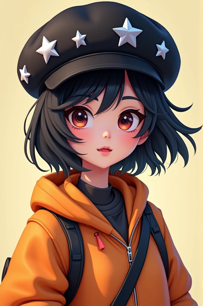 A girl in a Roblox outfit with bacon hair with black boy hair and somewhat long bangs on the right side with a black Russian-like hat with silver stars on one side and a black bag on her shoulder 