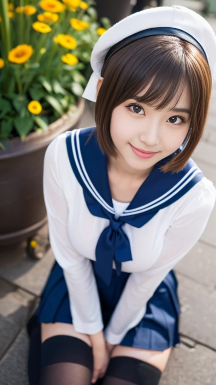 (A gorgeous Japanese idol, age 22 , wearing seifuku, school uniform, sailor moon, jk uniform, high-school uniform, red ribbon, sailor hat, knee high socks, random pose, at a flower shop,

Easygoing expressions, kind smile, dimpled chins, cute snaggle-tooth, short bob hair ponytail, symmetrical face, realistic detailed face, beautiful detailed eyes, perfect body anatomy, hourglass figure, ample round bosoms, huge breasts,

Raw photo, photorealistic, realistic portrait, hyper-realism, high contrast, ultra HD, realistic skin textures, top image quality, top-quality, super high resolution, fine details, very meticulously, masterpiece, medium shot, close-up shot, cowboy shot, High Angle Shot, bokeh background, SFW, Safe For Work)