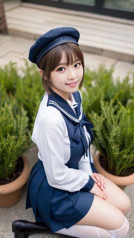 (A gorgeous Japanese idol, age 22 , wearing seifuku, school uniform, sailor moon, jk uniform, high-school uniform, red ribbon, sailor hat, knee high socks, random pose, at a flower shop,

Easygoing expressions, kind smile, dimpled chins, cute snaggle-tooth, short bob hair ponytail, symmetrical face, realistic detailed face, beautiful detailed eyes, perfect body anatomy, hourglass figure, ample round bosoms, huge breasts,

Raw photo, photorealistic, realistic portrait, hyper-realism, high contrast, ultra HD, realistic skin textures, top image quality, top-quality, super high resolution, fine details, very meticulously, masterpiece, medium shot, close-up shot, cowboy shot, High Angle Shot, bokeh background, SFW, Safe For Work)