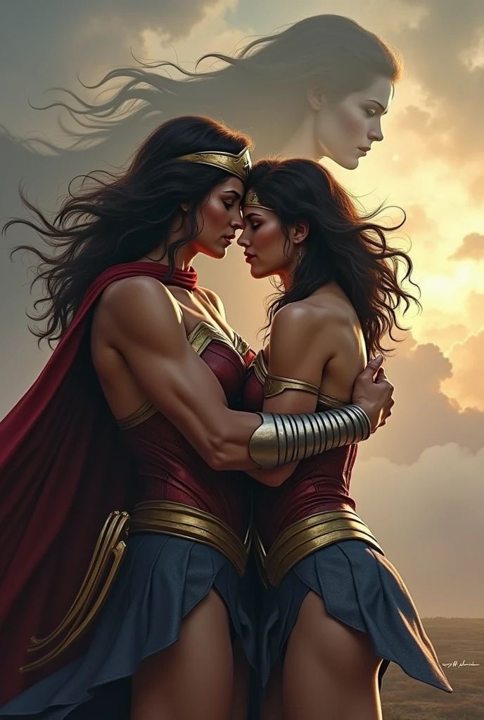 Amazon King Hippolyta embraces Wonder Woman and the silhouette of Stenea looks at them from the sky