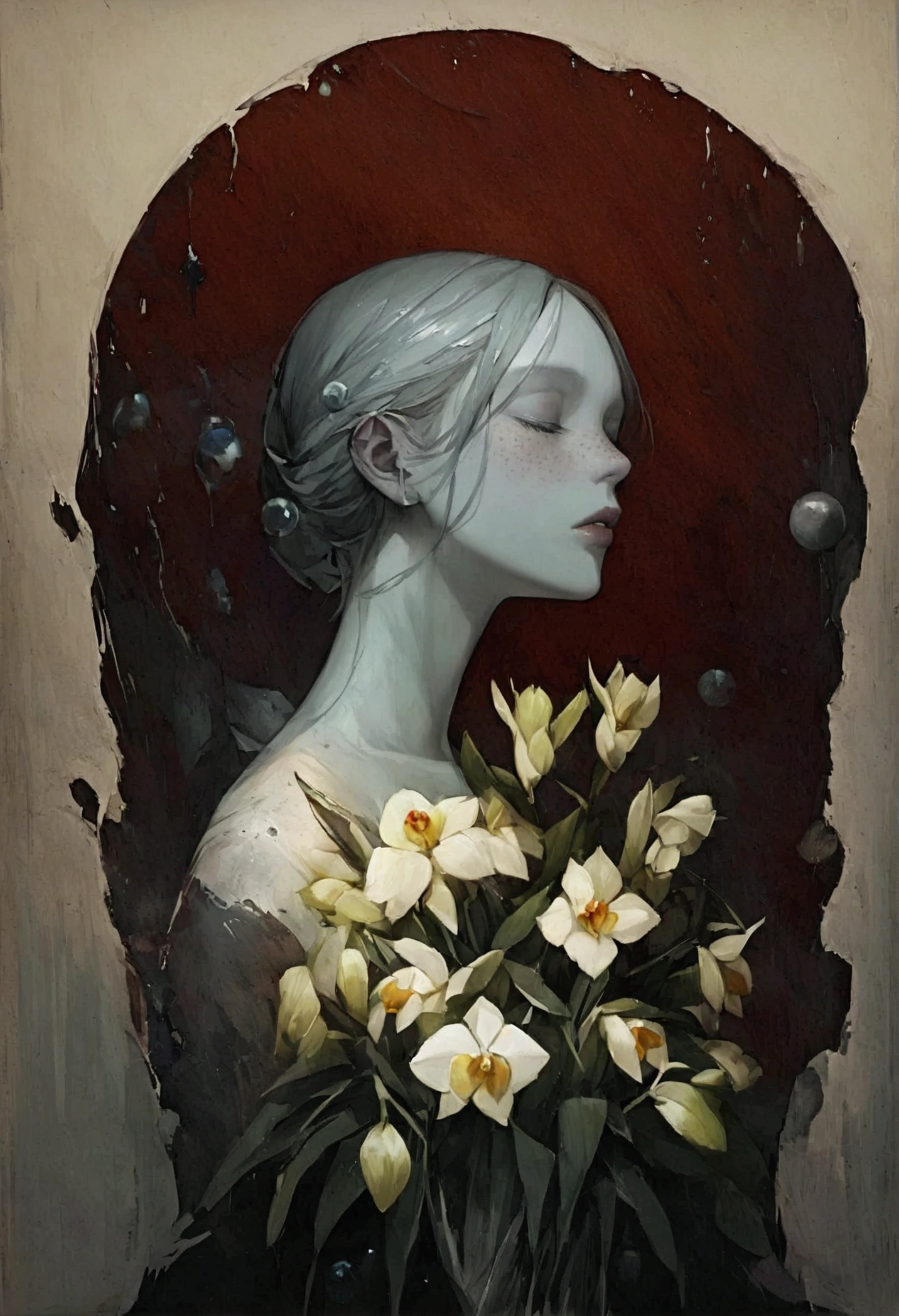 A serene and surreal scene, Portrait of a beautiful red-haired Scandinavian woman with freckles, In addition to very full lips&#39;The face in profile emerging from a bouquet of orchid flowers, gray skin, close your eyes, sleep, vapor, Dreamy atmosphere and metallic colored spheres and insects floating gently.
