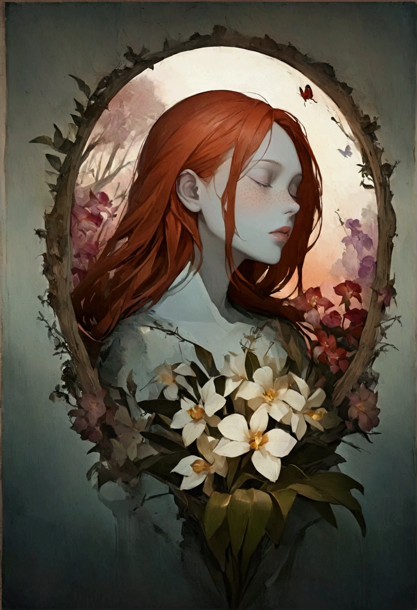 A serene and surreal scene, Portrait of a beautiful red-haired Scandinavian woman with freckles, In addition to very full lips'The face in profile emerging from a bouquet of orchid flowers, gray skin, close your eyes, sleep, vapor, Dreamy atmosphere and metallic colored spheres and insects floating gently.