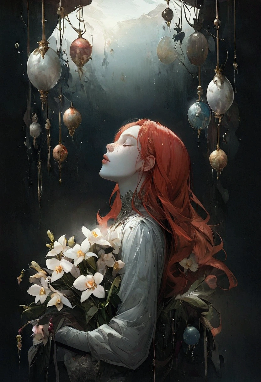 A serene and surreal scene, Portrait of a beautiful red-haired Scandinavian woman with freckles, In addition to very full lips'The face in profile emerging from a bouquet of orchid flowers, gray skin, close your eyes, sleep, vapor, Dreamy atmosphere and metallic colored spheres and insects floating gently.