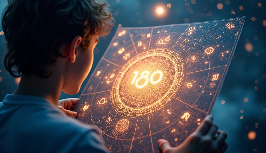 A visually striking image featuring a cosmic calendar page with a prominent birth date highlighted in glowing light. Surrounding the calendar are ethereal zodiac symbols and planetary icons, all illuminated by a celestial glow. In the foreground, a curious person is gazing at the calendar with a sense of awe and discovery. The background is a deep, starry sky with swirling nebulae and soft light to create a feeling of cosmic mystery and revelation. The overall atmosphere is one of wonder and intrigue, designed to capture the viewer's attention and convey the theme of uncovering hidden spiritual insights. -ar 16:9