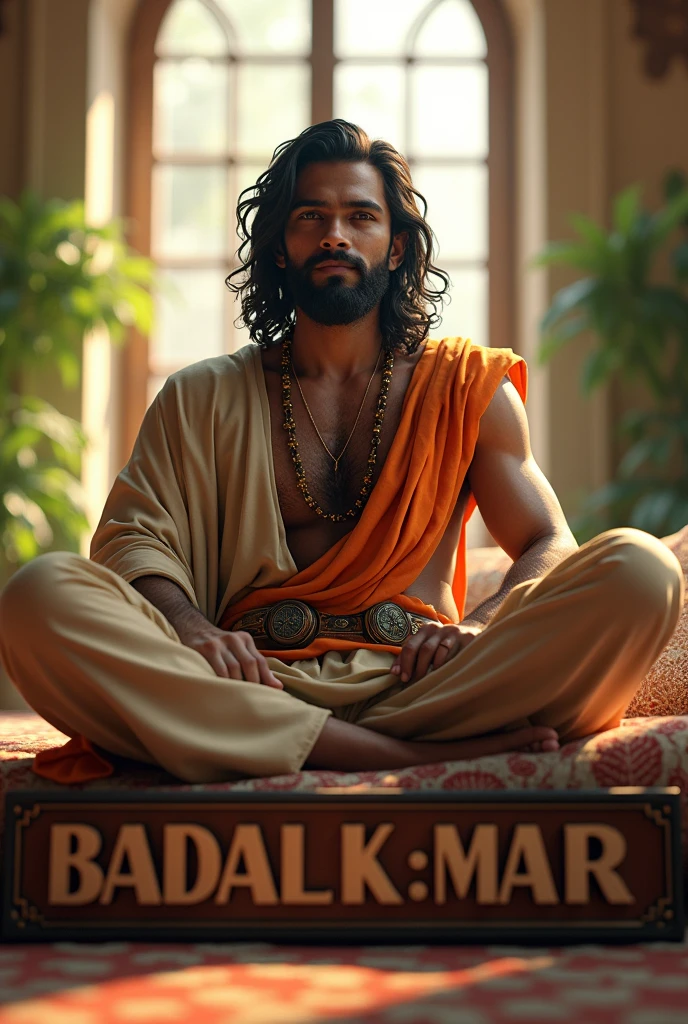 (photorealism:1.2), beautiful man, sitting on 3D name , 3D name is 'BADAL KUMAR' it' 75% size in big compair to man image and its colour in like a Indian image ,wearing like a Indian soulder with proper gadgets like a futuristic gune , pajama pants, long curly hair, indoors, soft lighting, plants in background, window with sunlight, cozy room, relaxed pose, realistic, intricate details, warm colors, by Greg Rutkowski, by Alphonse Mucha